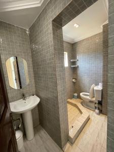uma casa de banho com um lavatório e um WC em Big & confortable studio in Osu em Acra