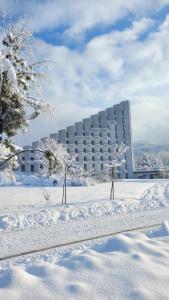 a building in the snow with trees in front of it at Apartamenty 39 z pięknym ogrodem in Ustroń