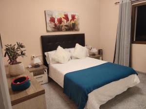 um quarto com uma cama com um cobertor azul em Casa Rural La Vega em Alojera