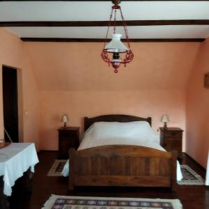 a bedroom with a bed and a chandelier at Zori de zi in Bran