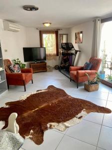 - un salon avec un grand tapis brun au sol dans l'établissement Peacefull, Private, Pristine Studio Apartment, à Bodrum City