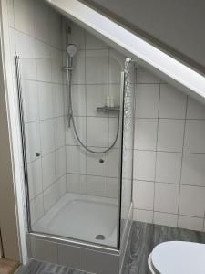 a shower with a glass door in a bathroom at Ferienwohnung in Donaueschingen