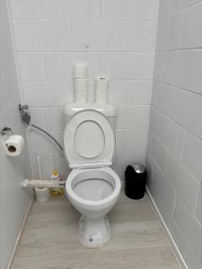a bathroom with a toilet and a trash can at Avondale Tidy Unit 1 in Auckland