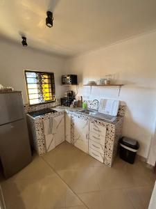 een keuken met een wastafel en een koelkast bij Beautiful & Secured yellow House for 2 - Center of Osu in Accra