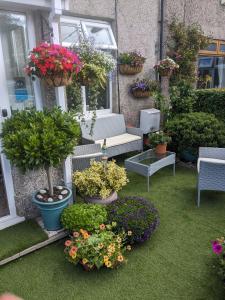 a garden with potted plants and flowers on a house at The Bridges B&B in Broomhill