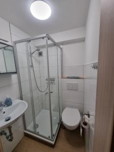 y baño con ducha, aseo y lavamanos. en Manderscheid Ferienwohnung mit Weitblick, en Manderscheid