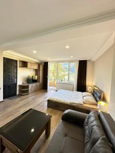 un soggiorno con letto e divano di Woodland Borjomi a Borjomi