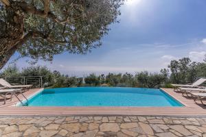 a swimming pool with two chairs and a tree at Villa Chez Piè with Heated Infinity Pool in SantʼAgata sui Due Golfi