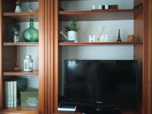 een boekenplank met een televisie in de woonkamer bij Casa Coveliño in Poio
