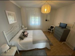 波伊奧的住宿－Casa Coveliño，一间卧室配有一张大床和电视