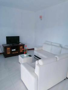 a white living room with a white couch and a tv at Family Residence in Grande Rivière Sud Est