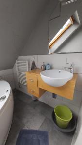 a bathroom with a sink and a mirror and a tub at Landhaus SiebenEichen in Wardenburg