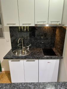 un bancone della cucina con lavello e armadietti bianchi di Guesthouse Hurma Rooms a Sarajevo