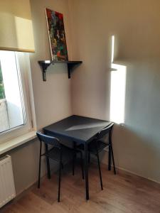 a black table and chairs in a room with a window at Zemgales 13 in Iecava