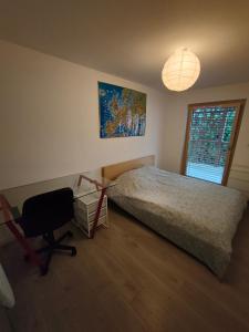 a bedroom with a bed and a chair and a lamp at Appartement moderne tout équipé (Vidéoprojecteur, Domotique etc...) in Saint-Louis