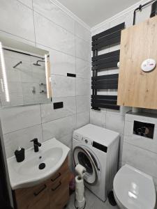 een badkamer met een wastafel en een wasmachine bij Medyka Loft in Medyka