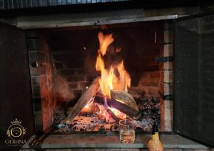 a fire in a brick oven with some food in it at Cabaña tota paraiso con muelle in Cuítiva