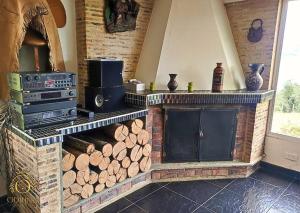 a kitchen with a stove and a fireplace with logs at Cabaña tota paraiso con muelle in Cuítiva