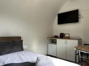 een slaapkamer met een bed en een tv aan de muur bij Glamping PEC - All Inclusive light in Selnica ob Dravi