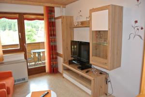 a living room with a tv and a cabinet at Haus Kraft in Sankt Martin am Tennengebirge