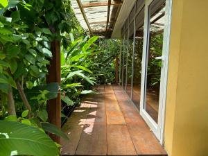 a walkway in a greenhouse with plants at Tropicana Beach & Resort in Elwa