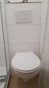 a bathroom with a white toilet in a stall at Manderscheid Ferienwohnung mit Weitblick in Manderscheid