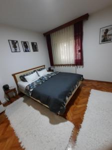 a bedroom with a bed and a white rug at Stan na dan DUNJA 1 in Vršac