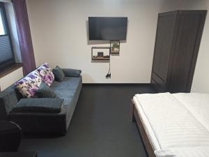 a living room with a couch and a tv at Pod Domem in Grodzisk Mazowiecki
