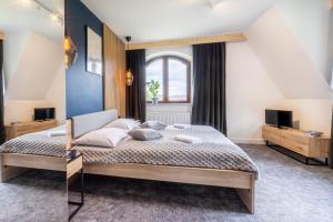 ein Schlafzimmer mit großem Bett und Fenster in der Unterkunft U Majerczyka Polana Apartment in Zakopane
