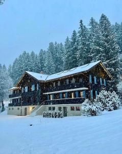 ein großes Gebäude im Schnee mit schneebedeckten Bäumen in der Unterkunft Eiger View Alpine Lodge in Grindelwald