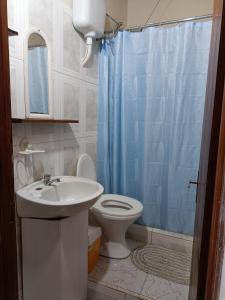 a bathroom with a sink and a toilet and a blue shower curtain at Hostel el Amanecer in Puerto Iguazú
