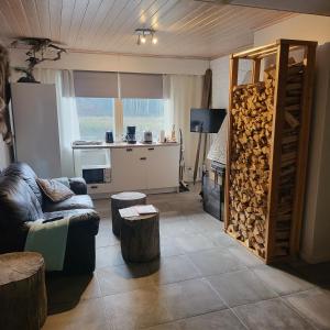 ein Wohnzimmer mit einem Sofa und eine Küche mit einem Kamin in der Unterkunft RukaTupa Motelli in Ruka