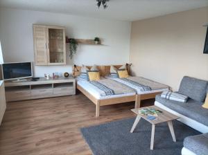 a living room with a bed and a couch at Ferienwohnung Morenz in Sinsheim