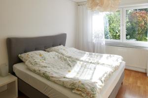 Raumpause في Wegberg: سرير عليه بطانية في غرفة مع نافذة