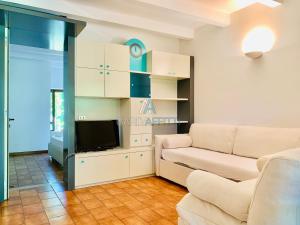 uma sala de estar com um sofá e uma televisão em Turchese Apartment - centrico e con piscina em Sirmione