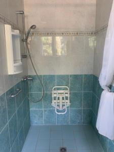 W łazience znajduje się prysznic z fotelem prysznicowym. w obiekcie Appartement T2 cosy w mieście Gourdon