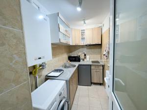 uma pequena cozinha com um lavatório e um fogão em BDApartments em Cluj-Napoca