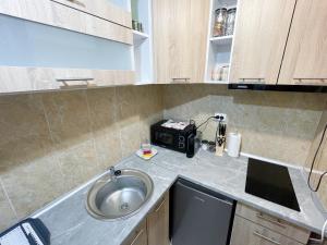 a kitchen counter with a sink and a microwave at BDApartments in Cluj-Napoca