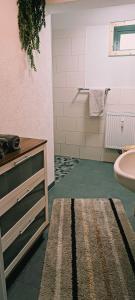 un bagno con lavandino e un gatto steso su un tappeto di Ferienwohnung Auetal 