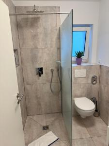 a bathroom with a shower with a toilet at Villa Hilden in Hilden