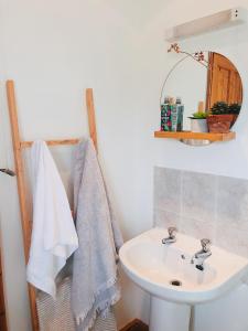 a bathroom with a sink and a mirror at Bantham Beach Pad in Thurlestone