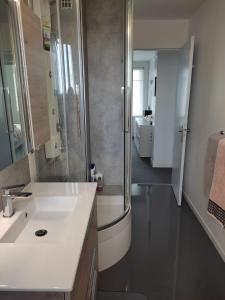 y baño con lavabo blanco y ducha. en Appartement 3 pièces Paris sud, en Ivry-sur-Seine