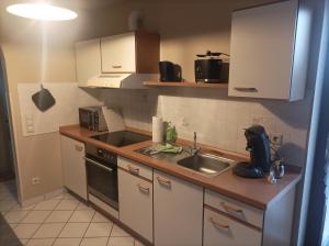 a small kitchen with a sink and a stove at Ferienwohnung Morenz in Sinsheim