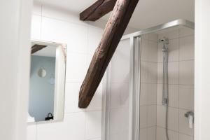 uma casa de banho com um chuveiro e um feixe de madeira em City Apartments Dornbirn Gemütliches Apartment im Stadtzentrum Dornbirn, Kopenhagen 5 em Dornbirn