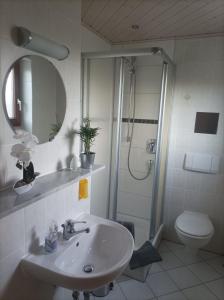 a bathroom with a sink and a shower and a toilet at Ferienwohnung Morenz in Sinsheim