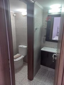 y baño con aseo, lavabo y espejo. en Sappho Hotel en Skála Eresoú