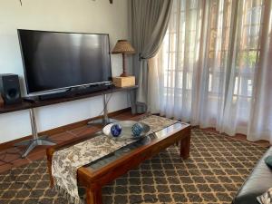 a living room with a large flat screen tv at Hidden Stream Cottage in Bettyʼs Bay