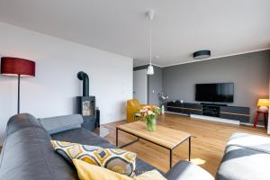 a living room with a couch and a tv at Ferienhaus Nordlicht Olpenitz in Olpenitz