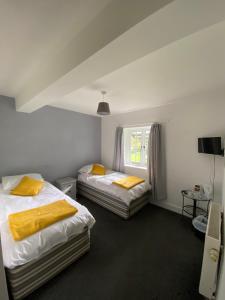 a room with two beds and a window at The Elsted Inn in Trotton