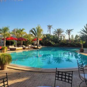 a large swimming pool in a resort with palm trees at Eden Lodges & SPA in Marrakech